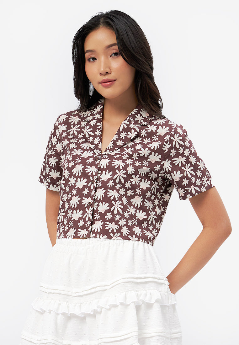 Printed Notch Collar Shirt Brown