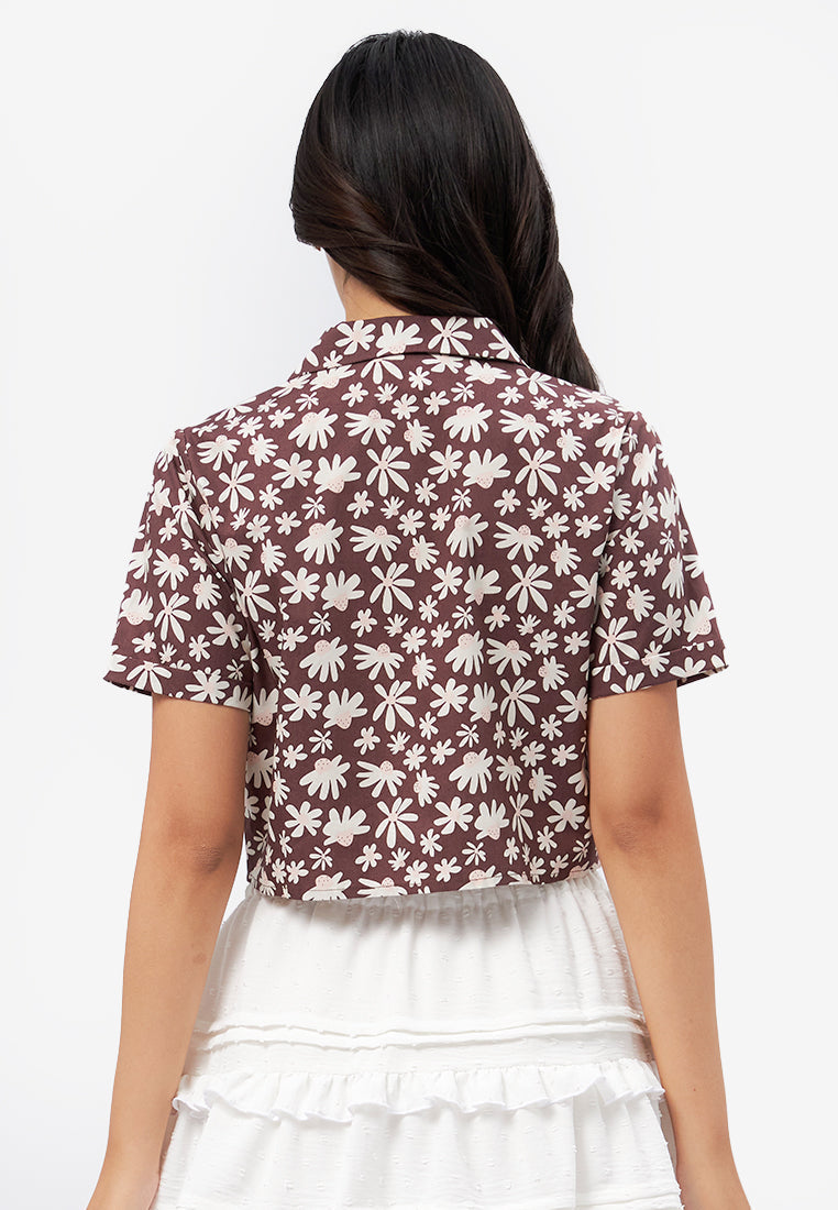 Printed Notch Collar Shirt Brown