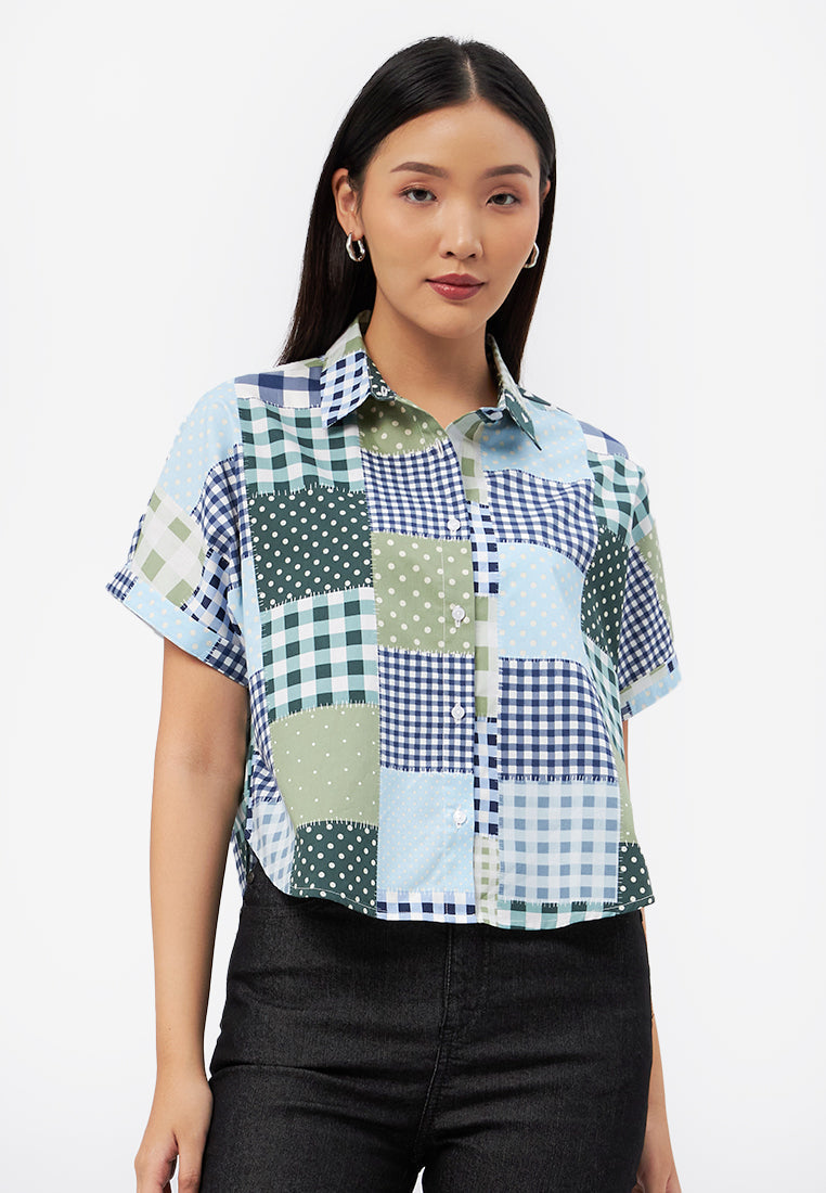 Printed Short Sleeve Crop Blouse Multicolor