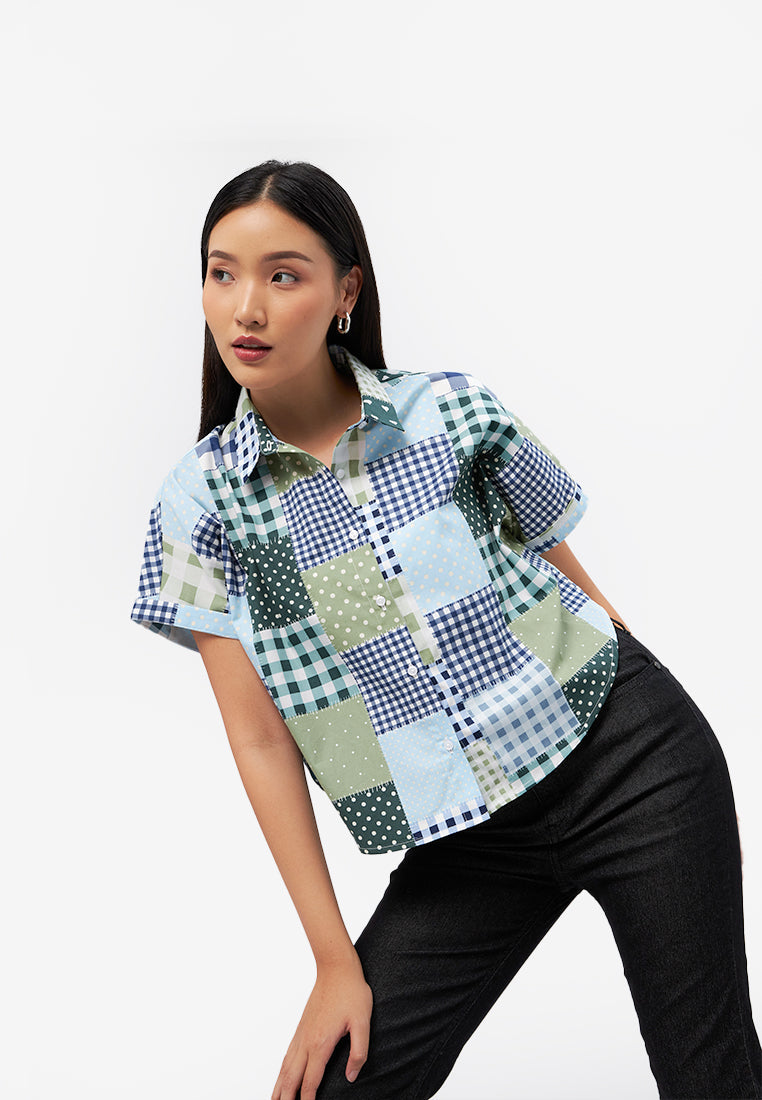 Printed Short Sleeve Crop Blouse Multicolor