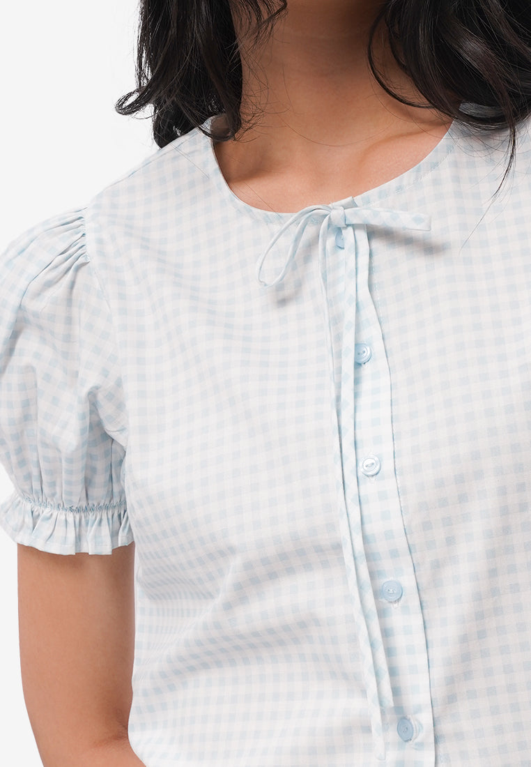 Puff Sleeve Printed Blouse L.Blue