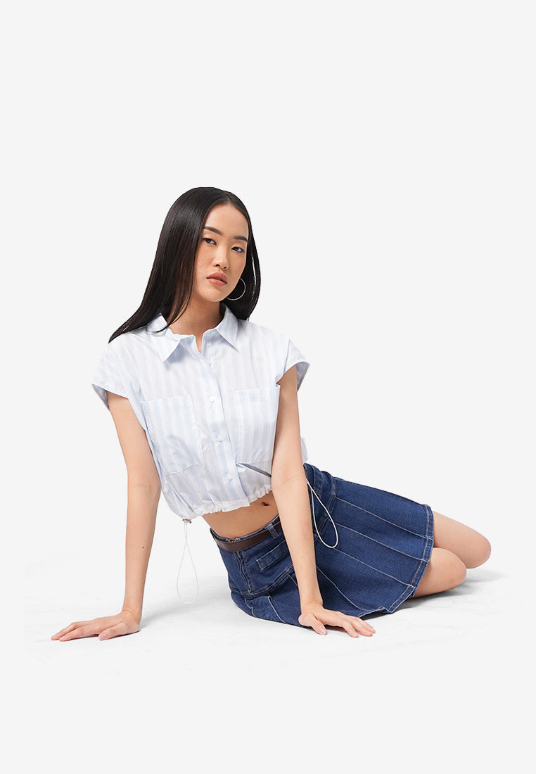 Drawstring Waist Short Sleeve Blouse L.Blue