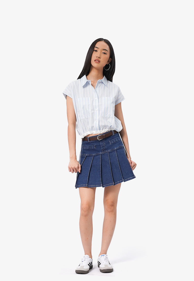 Drawstring Waist Short Sleeve Blouse L.Blue