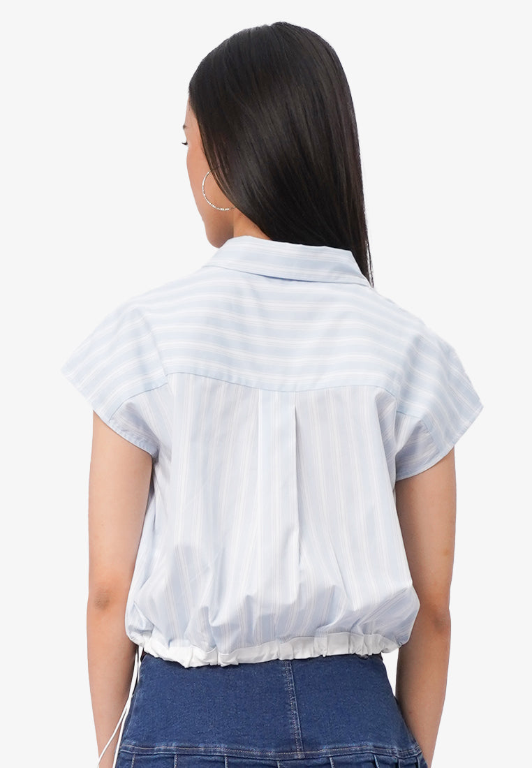 Drawstring Waist Short Sleeve Blouse L.Blue