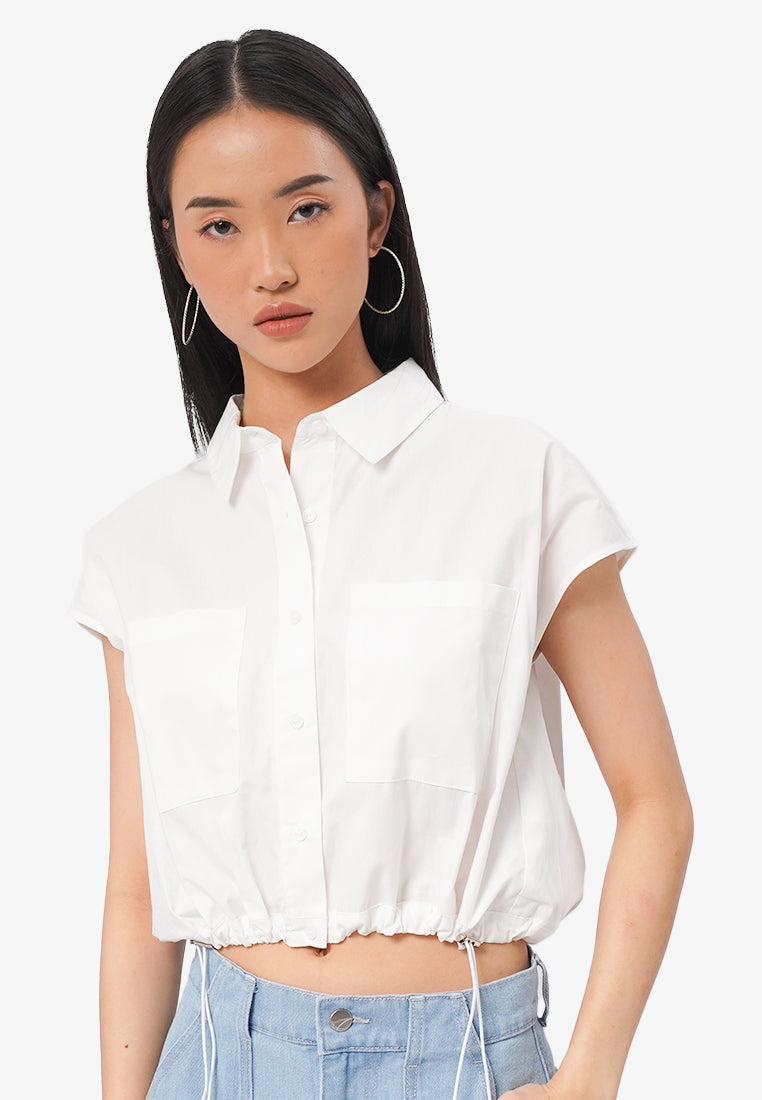 Drawstring Waist Short Sleeve Blouse Off White