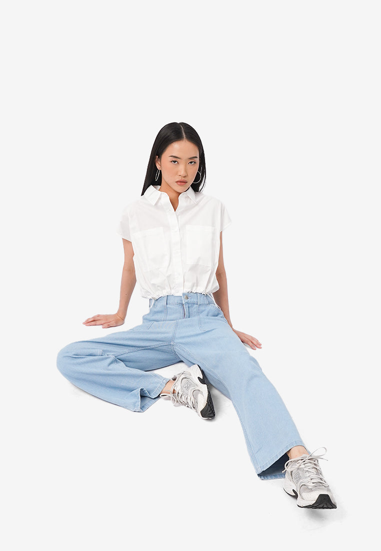 Drawstring Waist Short Sleeve Blouse Off White