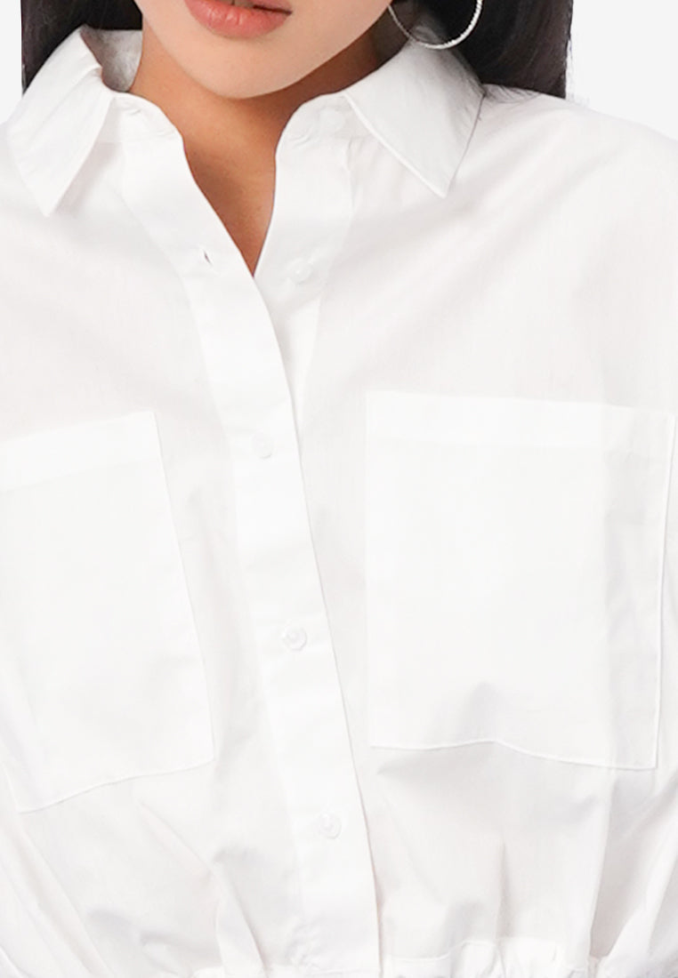 Drawstring Waist Short Sleeve Blouse Off White