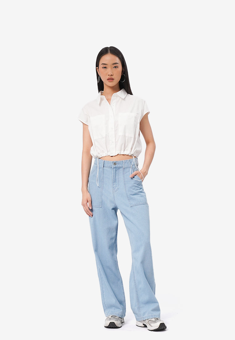 Drawstring Waist Short Sleeve Blouse Off White