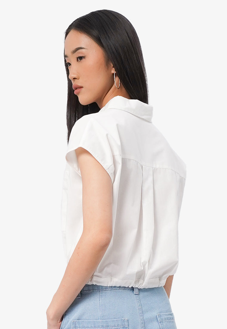 Drawstring Waist Short Sleeve Blouse Off White