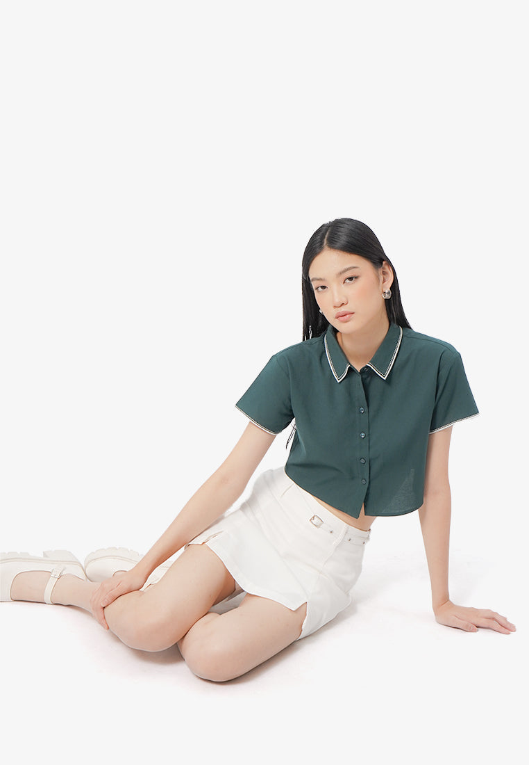 Collar Details Short Sleeve Blouse