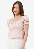 Printed Square Neck Short Sleeve Top L.Pink