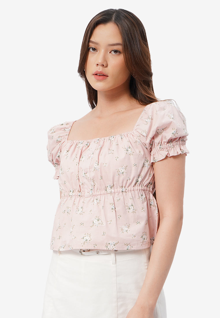 Printed Square Neck Short Sleeve Top L.Pink