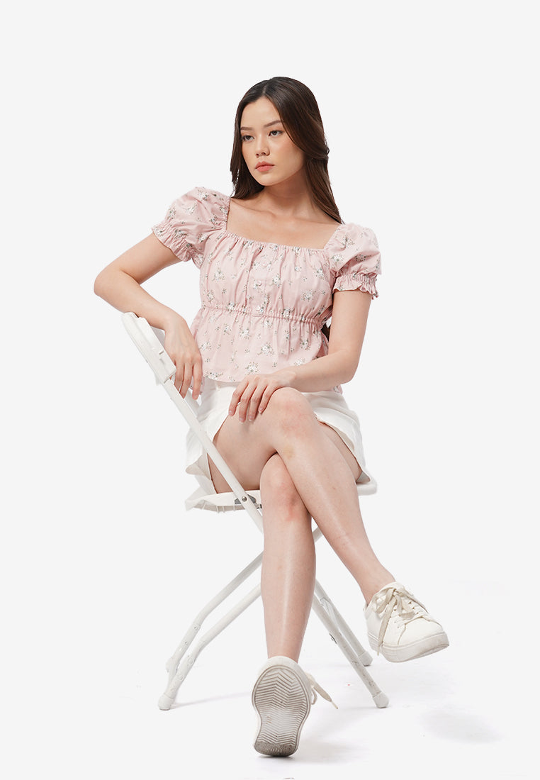 Printed Square Neck Short Sleeve Top L.Pink