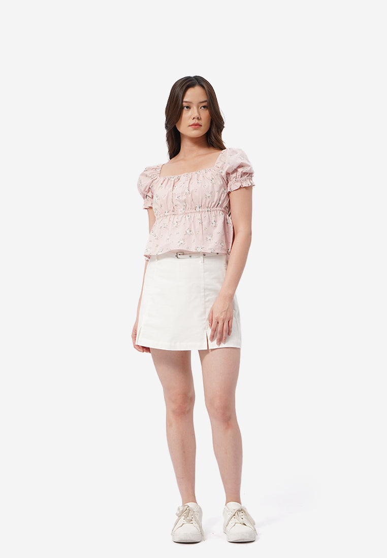 Printed Square Neck Short Sleeve Top L.Pink