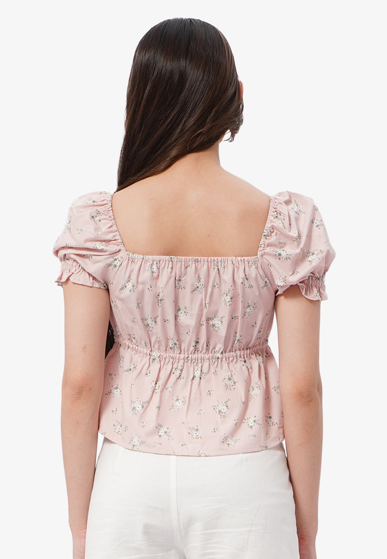 Printed Square Neck Short Sleeve Top L.Pink