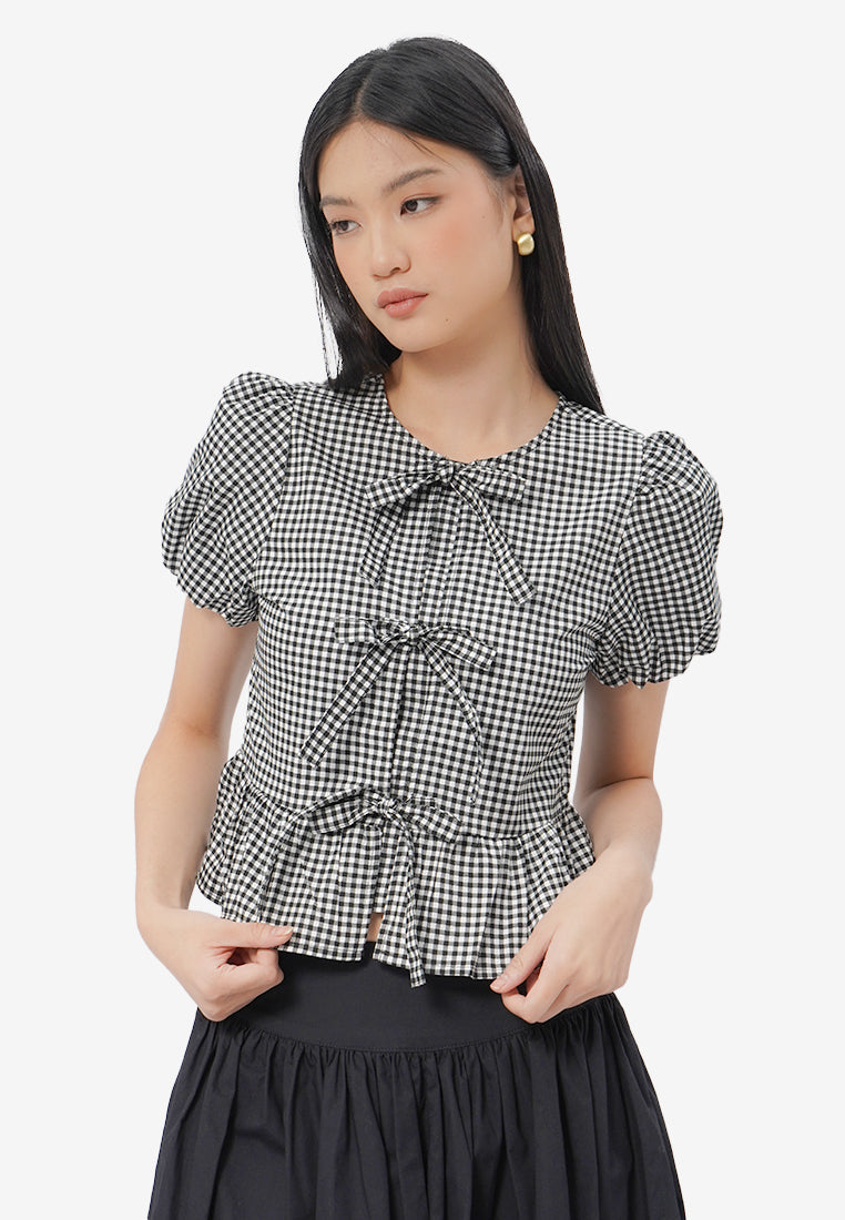 Gingham Short Sleeve Peplum Blouse