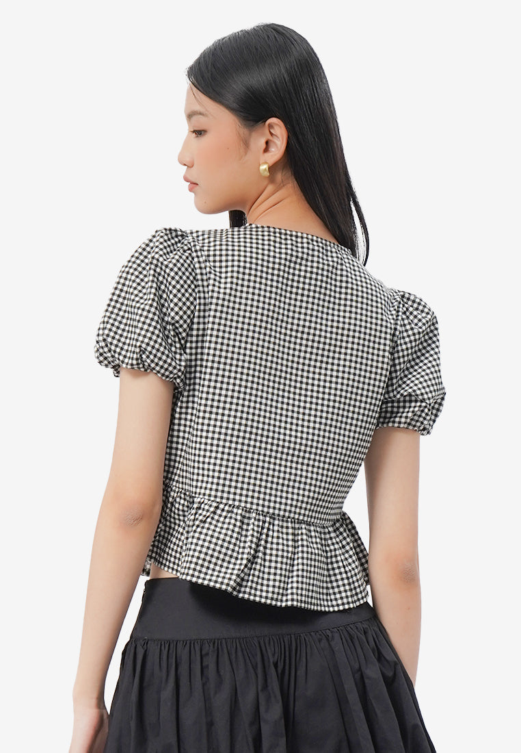 Gingham Short Sleeve Peplum Blouse