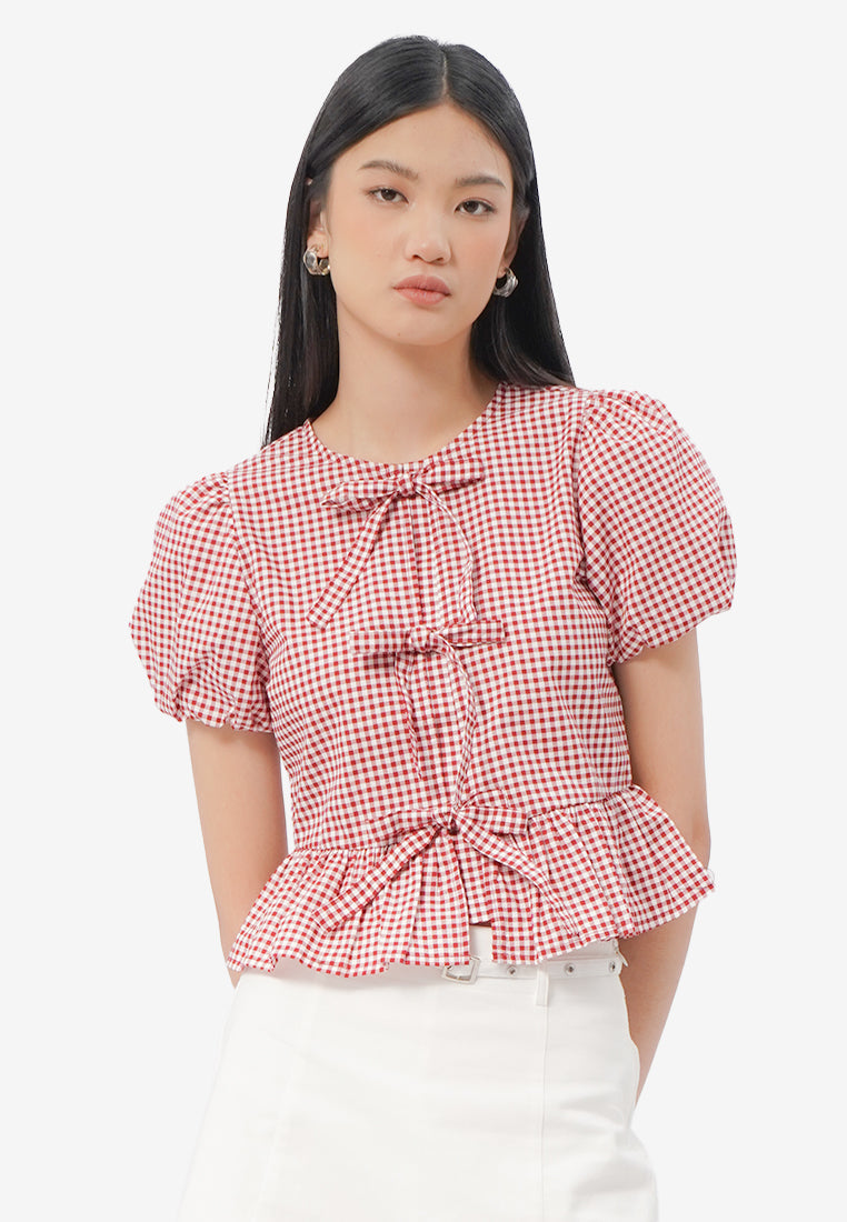 Gingham Short Sleeve Peplum Blouse