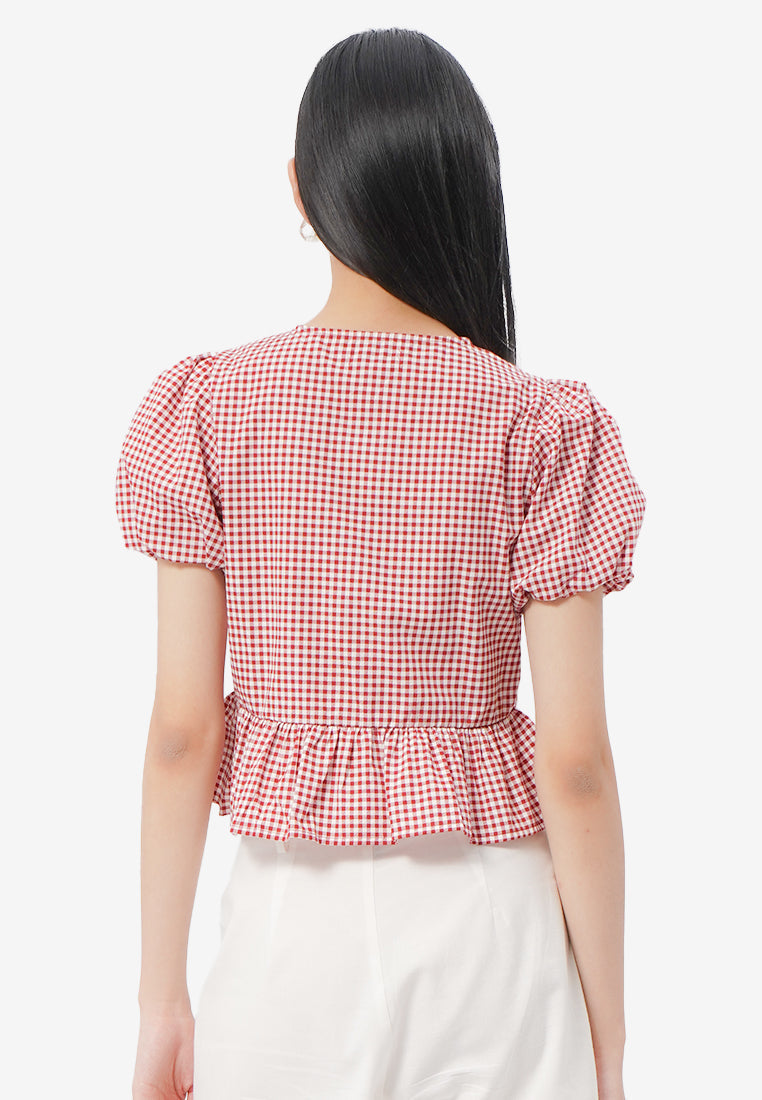 Gingham Short Sleeve Peplum Blouse