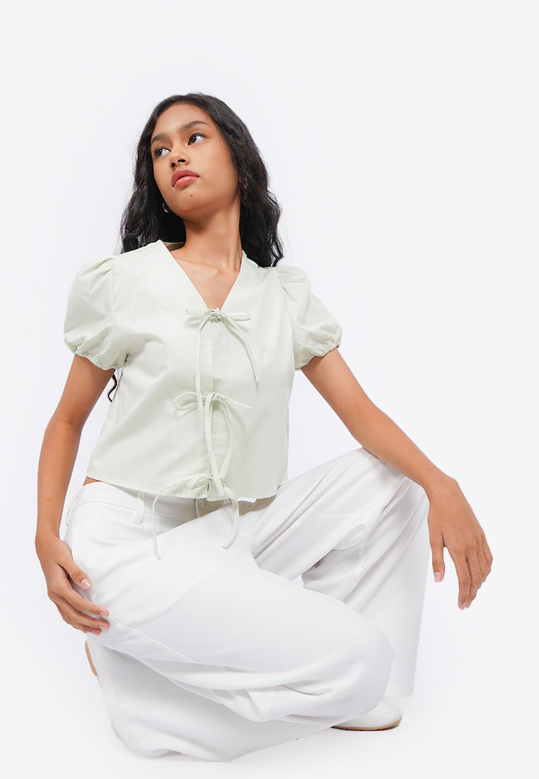 Puff Sleeve Blouse with Front Tie