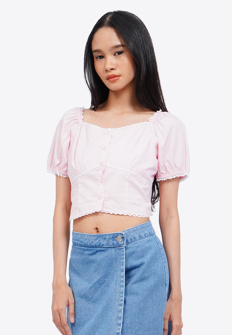 Puff Sleeve Blouse with Lace Trim