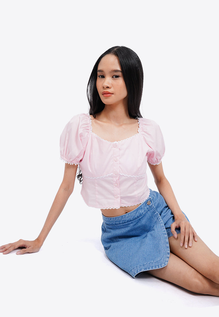 Puff Sleeve Blouse with Lace Trim