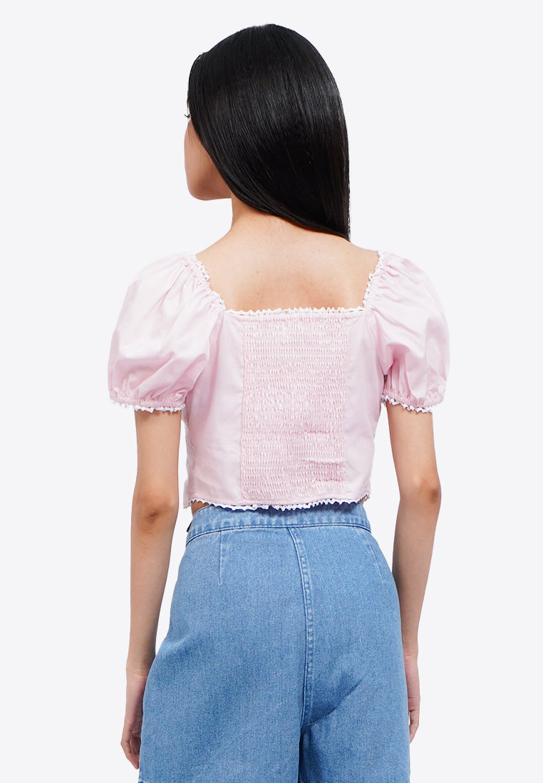 Puff Sleeve Blouse with Lace Trim