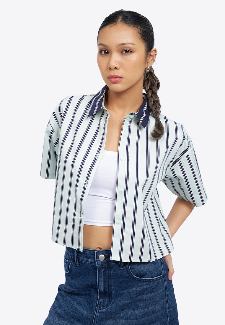 Short Sleeve Stripes Crop Shirt
