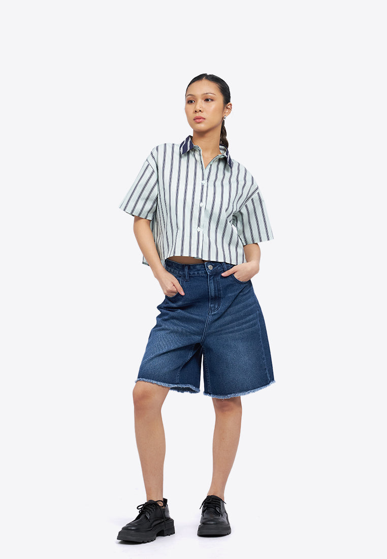 Short Sleeve Stripes Crop Shirt