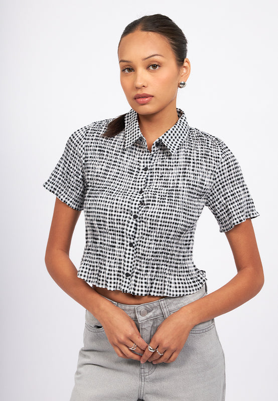 Textured Short Sleeve Crop Blouse