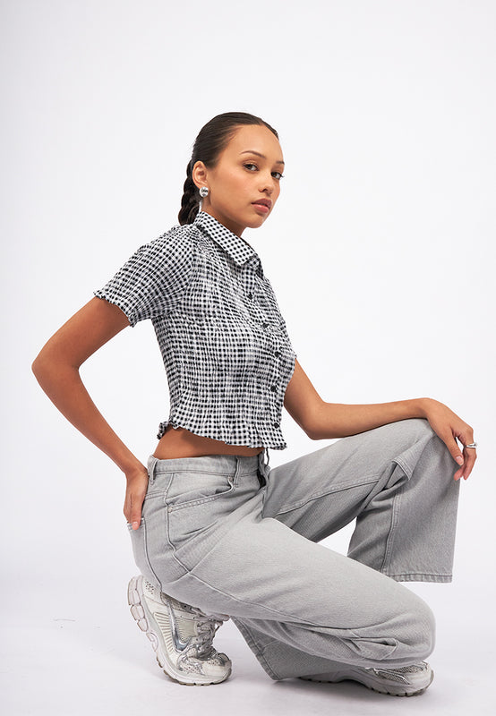 Textured Short Sleeve Crop Blouse