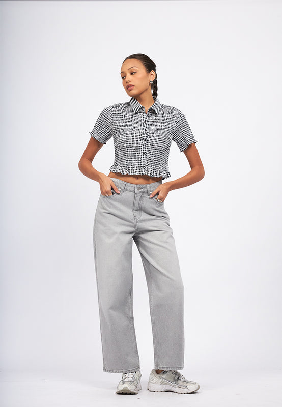 Textured Short Sleeve Crop Blouse
