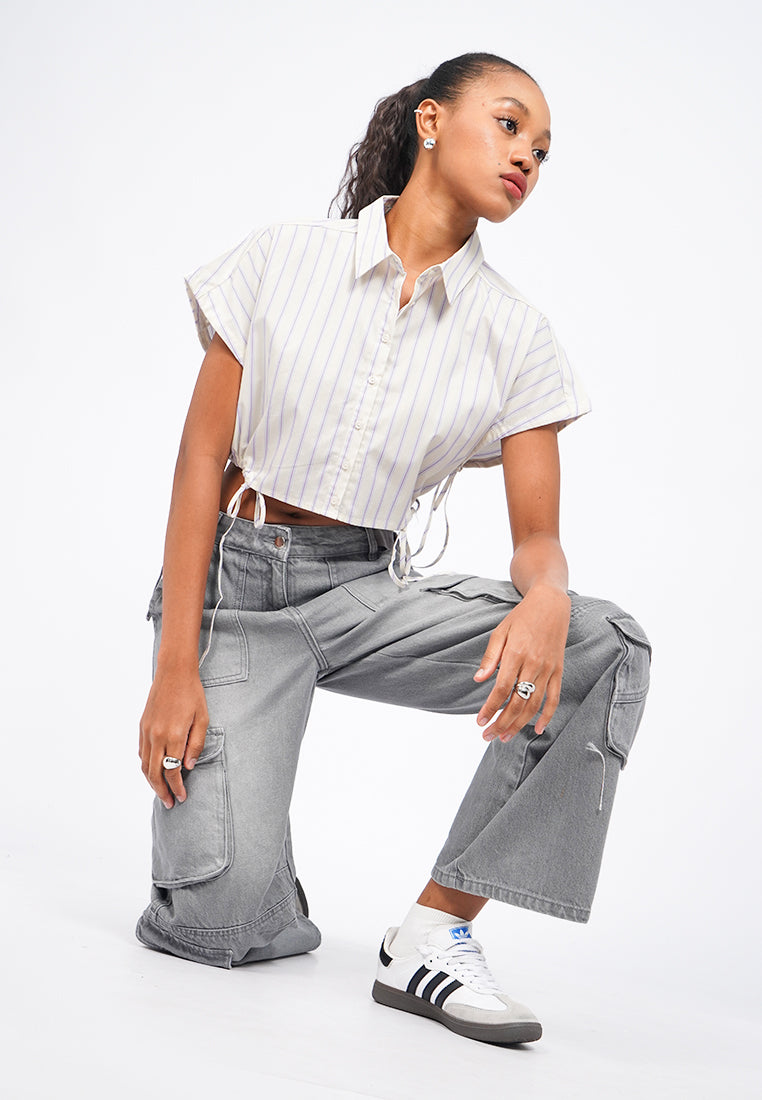 Drawstring Details Stripes Crop Shirt