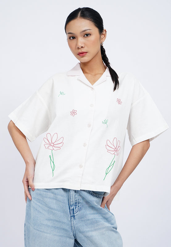 Embroidered Notch Collar Blouse
