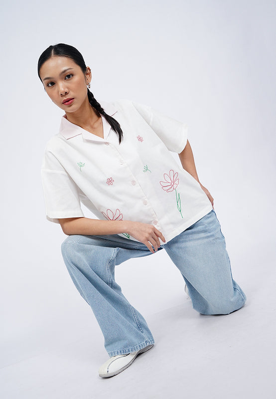 Embroidered Notch Collar Blouse