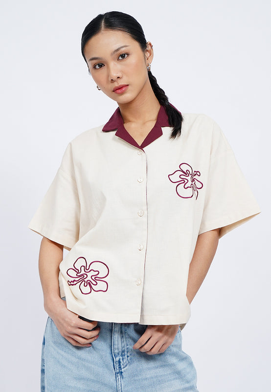 Embroidered Notch Collar Blouse