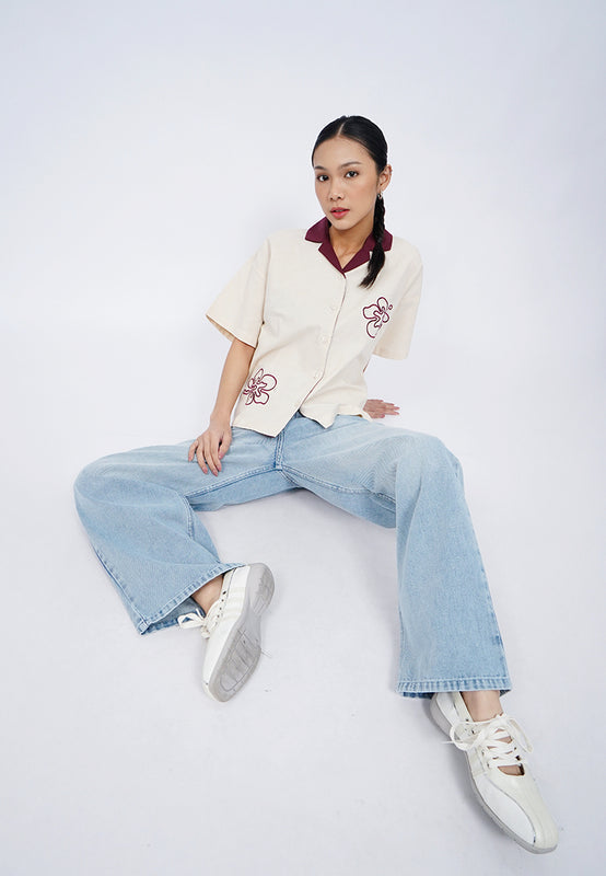 Embroidered Notch Collar Blouse