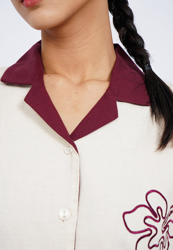 Embroidered Notch Collar Blouse