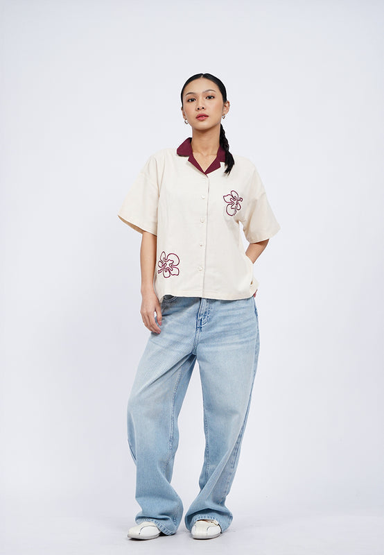 Embroidered Notch Collar Blouse