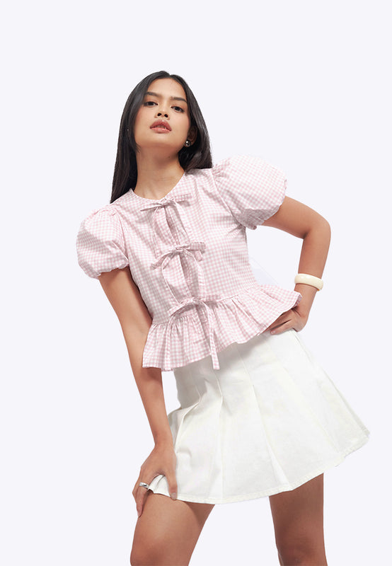 Puff Sleeve Blouse with Front Tie