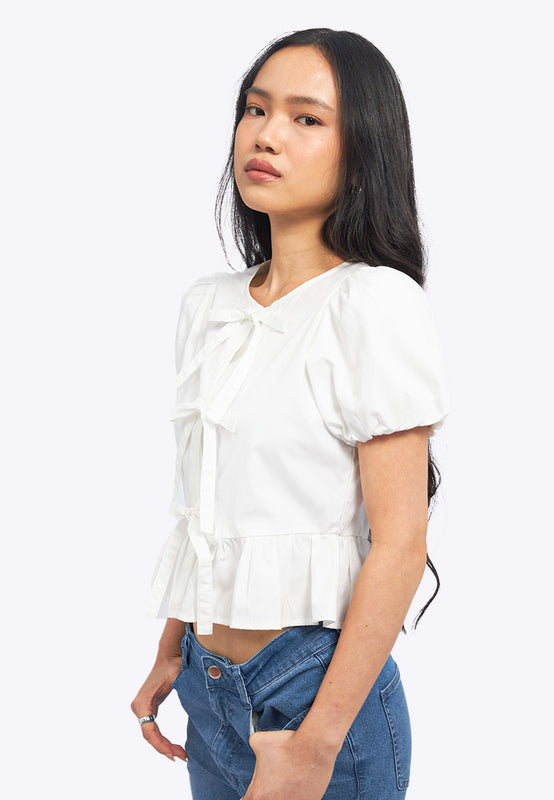 Puff Sleeve Blouse with Front Tie