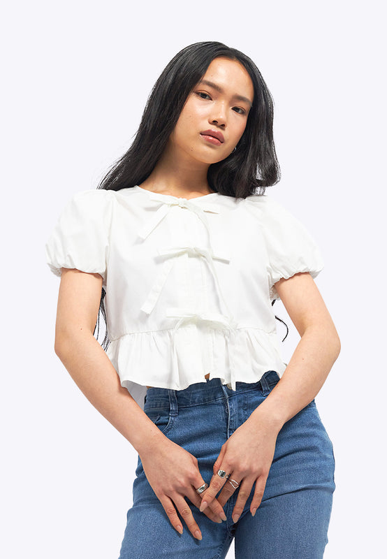 Puff Sleeve Blouse with Front Tie