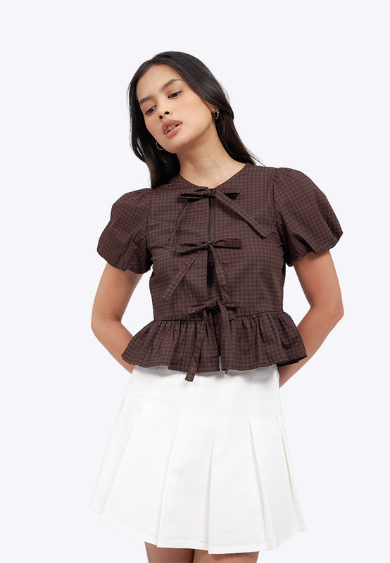 Puff Sleeve Blouse with Front Tie