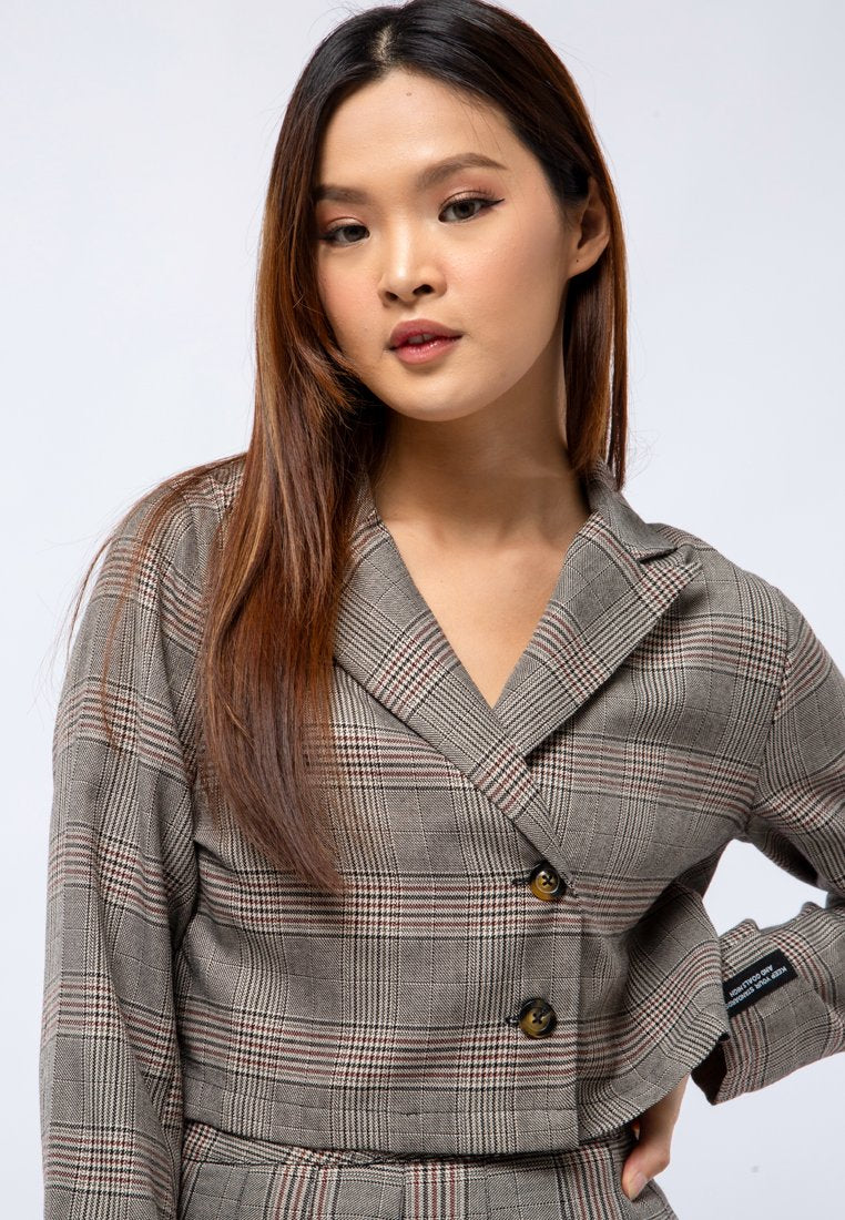 Crop Long Sleeve Plaid Blazer