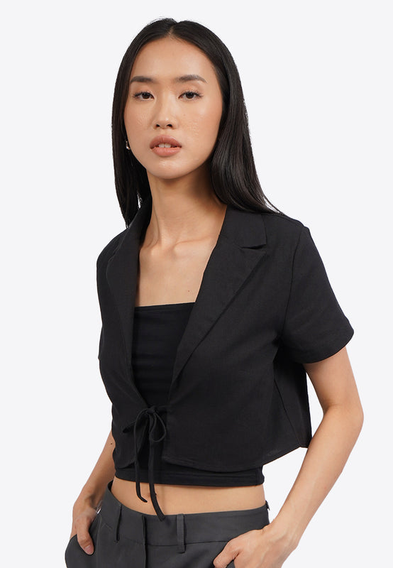 Front Tie Short Sleeve Crop Blazer