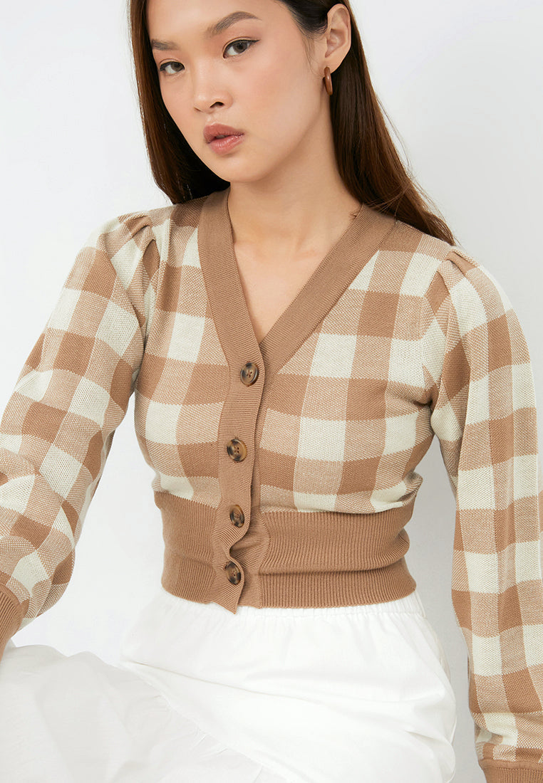 Gingham Printed Crop Cardigan