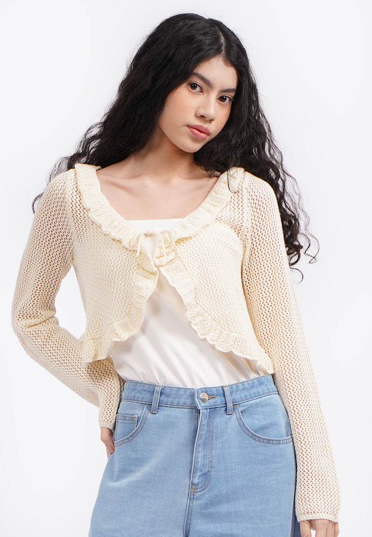 Openwork Ruffled Cardigan Ecru