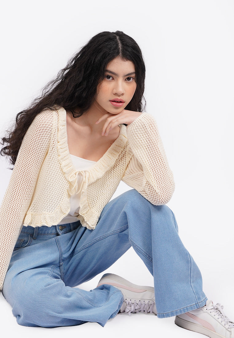 Openwork Ruffled Cardigan Ecru