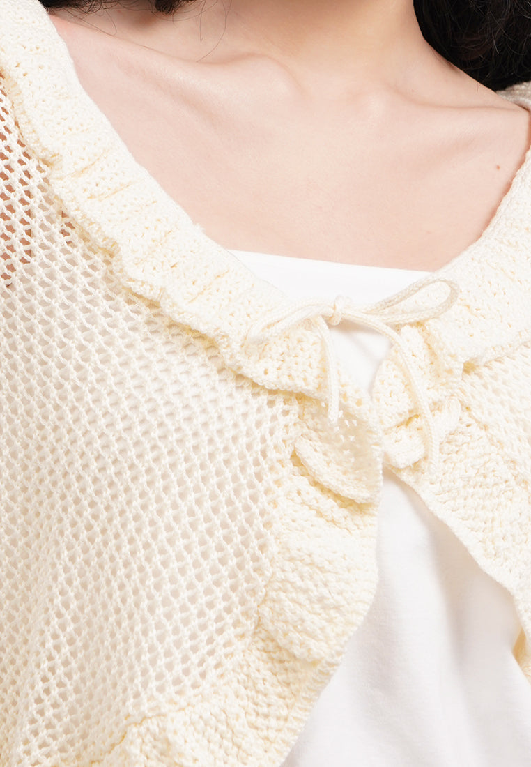 Openwork Ruffled Cardigan Ecru