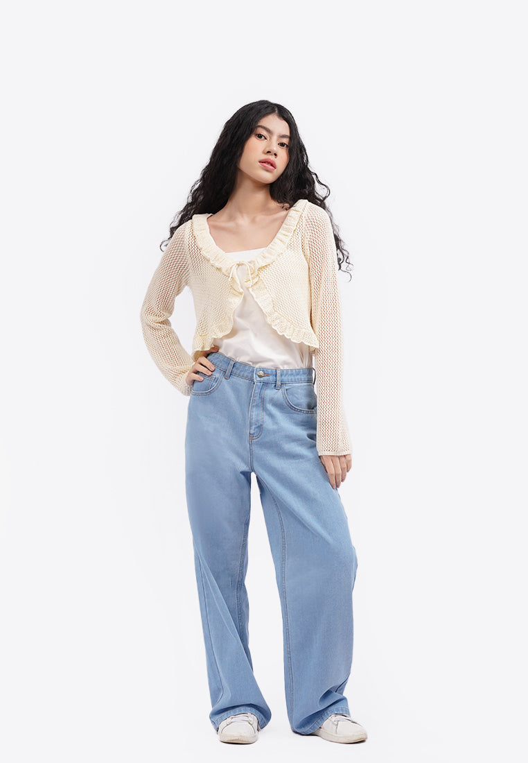 Openwork Ruffled Cardigan Ecru
